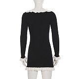 Chanel-inspired V-neck Fitted Waist Black Ruffled Collar Bodycon Knit Dress MRA-41238