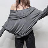 Solid Color Off-shoulder Batwing Sleeve Pleated Loose Top T-shirt MRA-41523