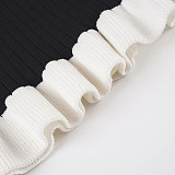 Chanel-inspired V-neck Fitted Waist Black Ruffled Collar Bodycon Knit Dress MRA-41238