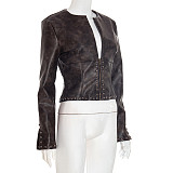Autumn/Winter Distressed Leather Half-Open Collar Zipper Rivet Belt Short Jacket XYWL-25TP281