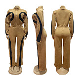 Fashionable Sports Contrast Color Long-sleeved Half-open Placket Elastic Waist Jumpsuit PMR-801