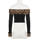 Stylish Plush Leopard Print Off-the-shoulder Long-sleeved Top Short Patchwork Two-piece Set MRA-39895