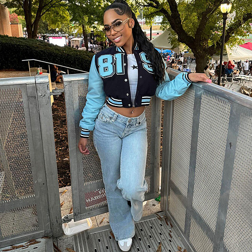 Fashionable and Personalized Leather Stitching Long-sleeved Waist Printed Jacket SXE-80374