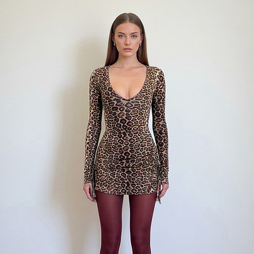 Sexy Leopard Print Low-cut Fitted Long-sleeved Bodycon Dress MRA-44515