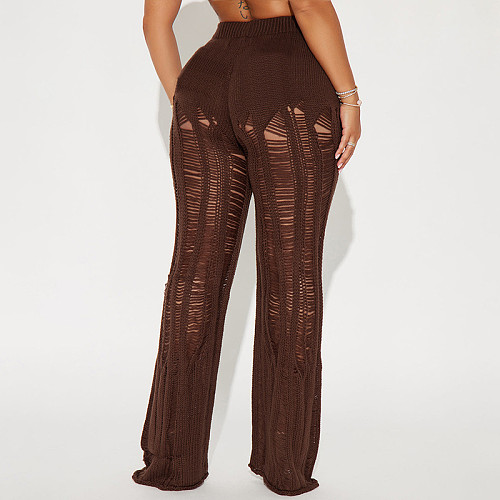 High-waisted Knitted Openwork Ripped See-through Straight-leg Casual Trousers XYWL-25TP486