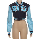 Fashionable and Personalized Leather Stitching Long-sleeved Waist Printed Jacket SXE-80374