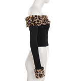 Stylish Plush Leopard Print Off-the-shoulder Long-sleeved Top Short Patchwork Two-piece Set MRA-39895