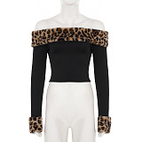 Stylish Plush Leopard Print Off-the-shoulder Long-sleeved Top Short Patchwork Two-piece Set MRA-39895