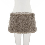 Sexy Solid Color Fuzzy Teddy Bear Curl A-line Mini Skirt MRA-35683