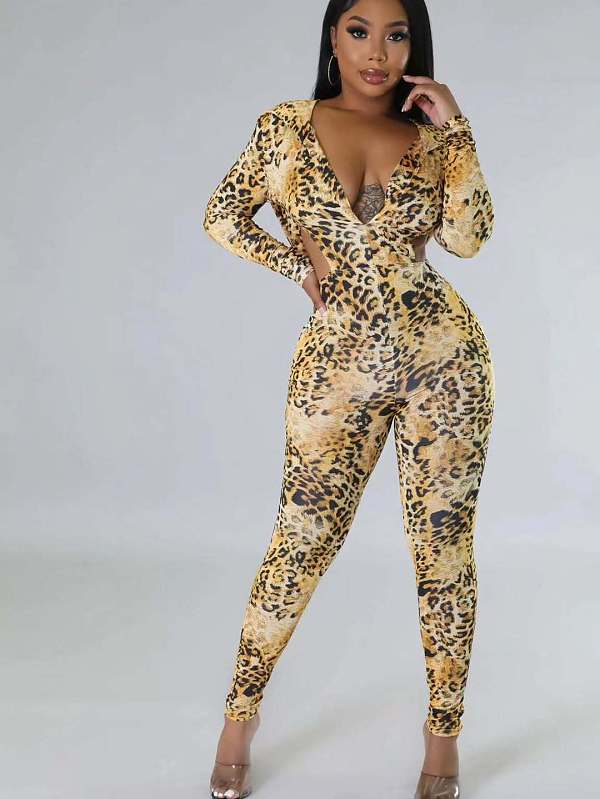 Sexy Leopard Print Slim-fit Hooded Backless Jumpsuit XS-1526