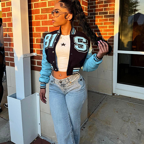 Fashionable and Personalized Leather Stitching Long-sleeved Waist Printed Jacket SXE-80374