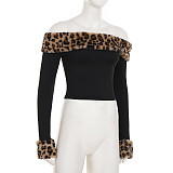 Stylish Plush Leopard Print Off-the-shoulder Long-sleeved Top Short Patchwork Two-piece Set MRA-39895