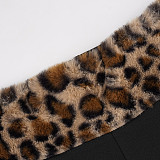 Stylish Plush Leopard Print Off-the-shoulder Long-sleeved Top Short Patchwork Two-piece Set MRA-39895