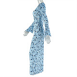 Printed Slim Fit Round Neck Long Sleeve Bodycon Dress JY-303560