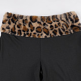 Stylish Plush Leopard Print Off-the-shoulder Long-sleeved Top Short Patchwork Two-piece Set MRA-39895