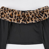 Stylish Plush Leopard Print Off-the-shoulder Long-sleeved Top Short Patchwork Two-piece Set MRA-39895