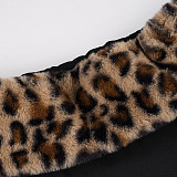 Stylish Plush Leopard Print Off-the-shoulder Long-sleeved Top Short Patchwork Two-piece Set MRA-39895