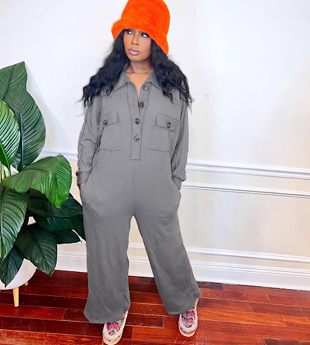 Casual Solid Color Commuter Collared Sweatshirt Wide-leg Jumpsuit NY-3713