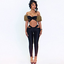 Sexy Hot Girl Fur Collar Patchwork Tube Top and Navel-revealing Pants Suit ZJQD-84907