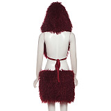 Fluffy Backless Hooded Sleeveless Top Short Skirt Suit SXE-79927