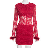 Round Neck Cross-chest Lace Furry Sleeves Patchwork Hip-hugging Gathered Dress XYWL-25DS372