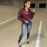 Fashionable Waist-baring PU Leather Solid Color Casual Jacket SXE-77277