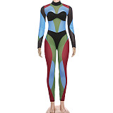 Fashionable Turtleneck Color-blocked Long-sleeved High-waisted Bodysuit DLS-85453