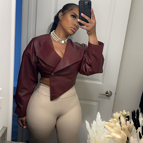 Fashionable Waist-baring PU Leather Solid Color Casual Jacket SXE-77277