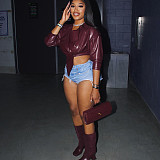 Fashionable Waist-baring PU Leather Solid Color Casual Jacket SXE-77277