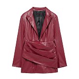 Sexy Hot Girl In A Red Deep V-neck Pleated Leather Dress FC-1420