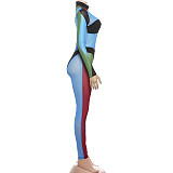 Fashionable Turtleneck Color-blocked Long-sleeved High-waisted Bodysuit DLS-85453