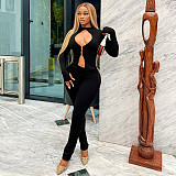 Fashionable Hollow Hook Zipper Top and Sexy Slim-fitting Trousers Two-piece Set DLS-84204
