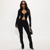 Fashionable Hollow Hook Zipper Top and Sexy Slim-fitting Trousers Two-piece Set DLS-84204