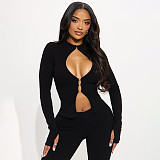 Fashionable Hollow Hook Zipper Top and Sexy Slim-fitting Trousers Two-piece Set DLS-84204