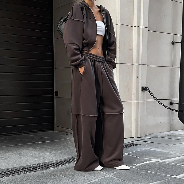 Casual Hooded Long-sleeved Zip-up Jacket and Loose-fitting Trousers Set SXE-55269