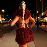 Fluffy Backless Hooded Sleeveless Top Short Skirt Suit SXE-79927