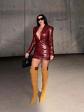 Sexy Hot Girl In A Red Deep V-neck Pleated Leather Dress FC-1420