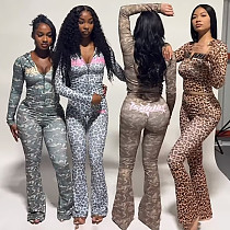 Fashionable Hooded Leopard Print Long-sleeved Slim Sports Pants Two-piece Set DLS-83409