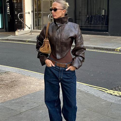 New High-neck Solid Color Zip-up Short PU Leather Jacket SXE-84468
