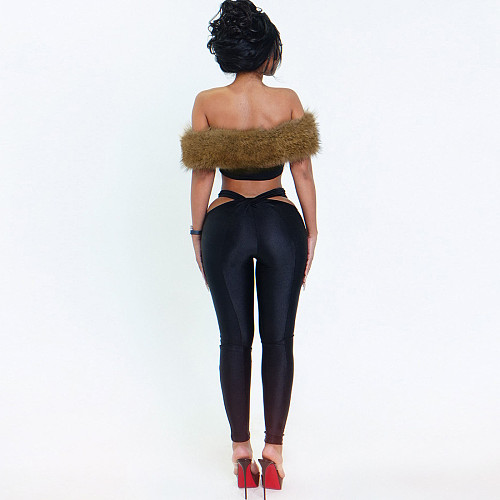 Sexy Hot Girl Fur Collar Patchwork Tube Top and Navel-revealing Pants Suit ZJQD-84907