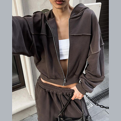 Casual Hooded Long-sleeved Zip-up Jacket and Loose-fitting Trousers Set SXE-55269