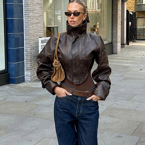 New High-neck Solid Color Zip-up Short PU Leather Jacket SXE-84468