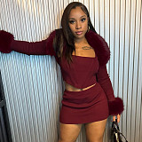 Fashionable Fur Collar Spliced ​​Long-sleeved Suspenders With Sexy Hip-hugging Short Skirt Suit DLS-85367