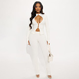 Fashionable Hollow Hook Zipper Top and Sexy Slim-fitting Trousers Two-piece Set DLS-84204