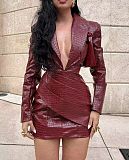 Sexy Hot Girl In A Red Deep V-neck Pleated Leather Dress FC-1420