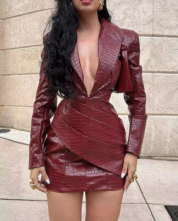Sexy Hot Girl In A Red Deep V-neck Pleated Leather Dress FC-1420