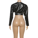 Fashionable Waist-baring PU Leather Solid Color Casual Jacket SXE-77277