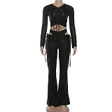 Sexy Pleated Cropped High-waisted Straight-leg Trouser Suit ZJQD-85221