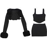 Fashionable Fur Collar Spliced ​​Long-sleeved Suspenders With Sexy Hip-hugging Short Skirt Suit DLS-85367
