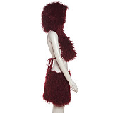 Fluffy Backless Hooded Sleeveless Top Short Skirt Suit SXE-79927